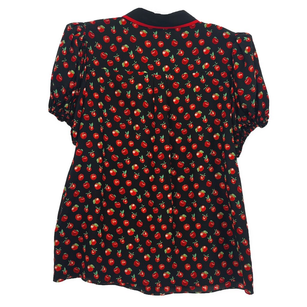 Black apple-print short-sleeve blouse with crew neckline, red-and-green allover pattern