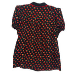 Black apple-print short-sleeve blouse with crew neckline, red-and-green allover pattern
