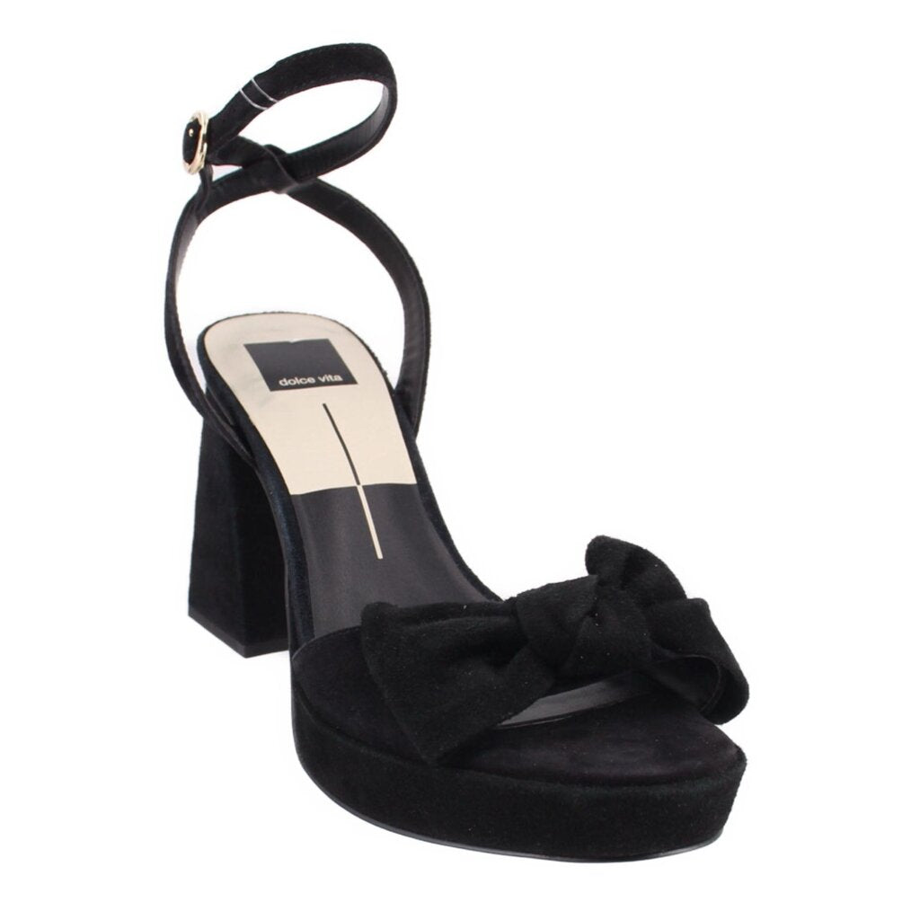Black suede heeled sandal with ankle strap and bow detail, block heel