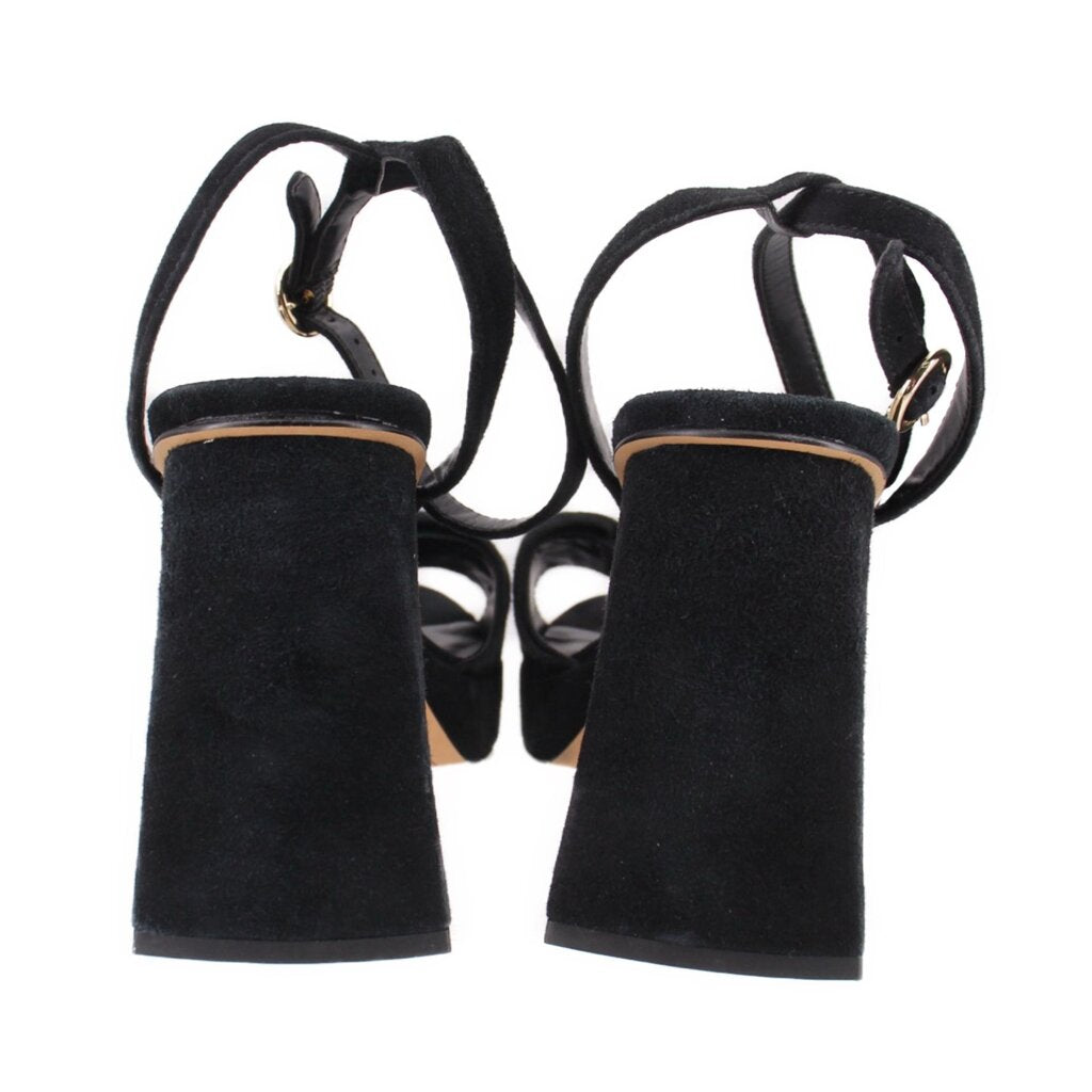 Black suede heeled sandals with ankle straps and block heels