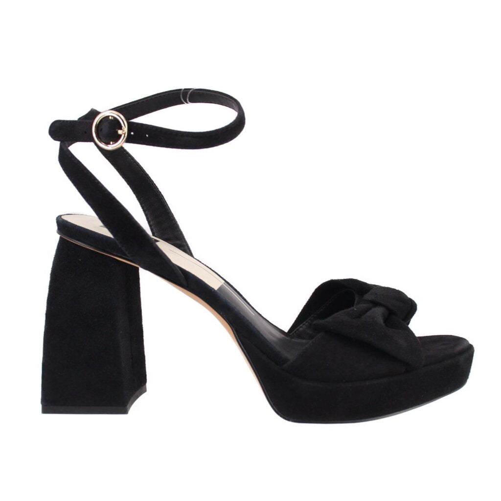 Black suede heeled sandal with ankle strap, bow detail, chunky block heel