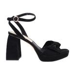 Black suede heeled sandal with ankle strap, bow detail, chunky block heel