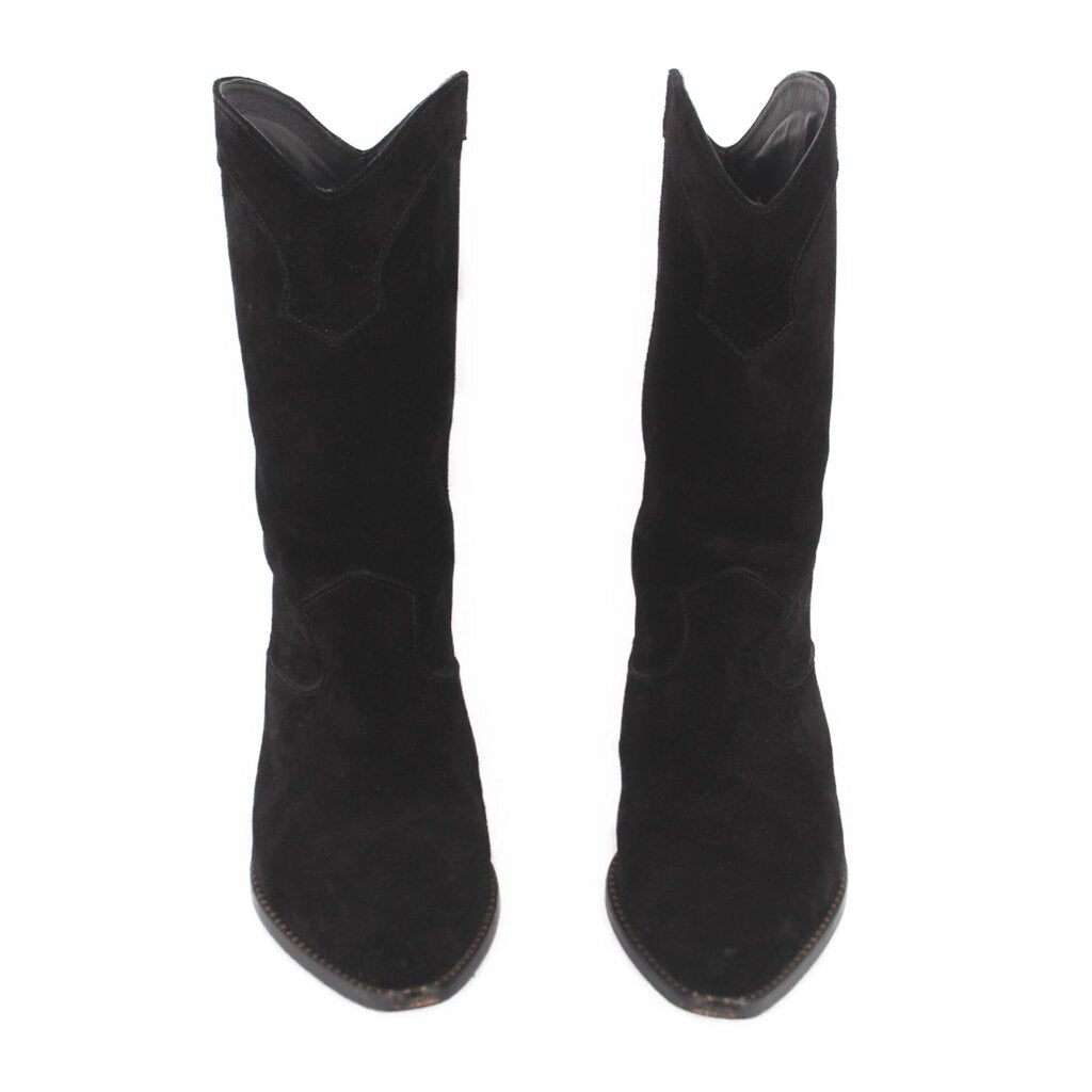 Pair of black suede mid-calf boots, side view with pointed toe