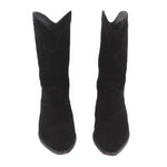 Pair of black suede mid-calf boots, side view with pointed toe