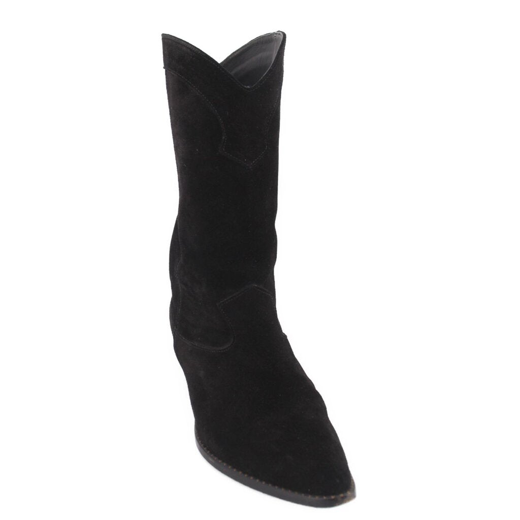 Black suede mid-calf pull-on boots with pointed toe and stitched shaft