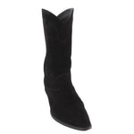 Black suede mid-calf pull-on boots with pointed toe and stitched shaft