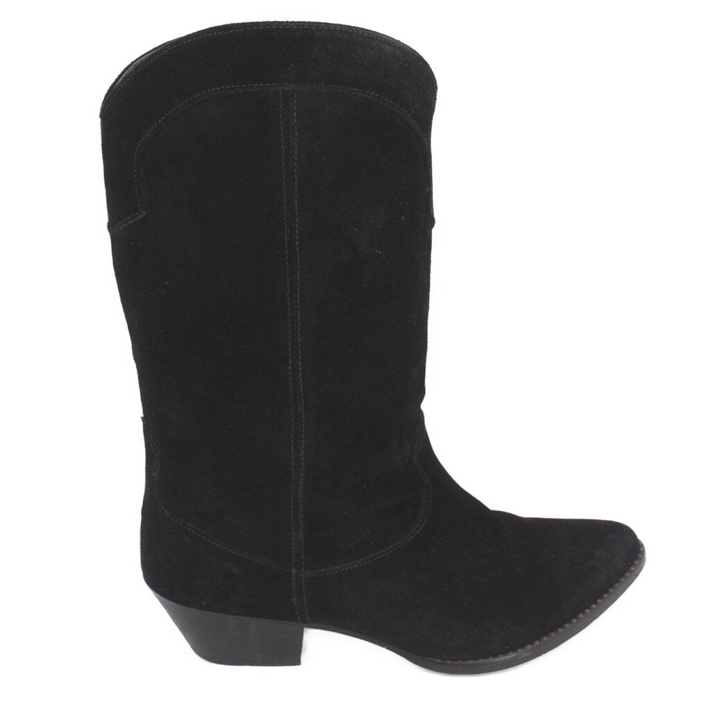 Black suede mid-calf boots, low block heel and curved western-style toe
