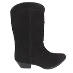 Black suede mid-calf boots, low block heel and curved western-style toe