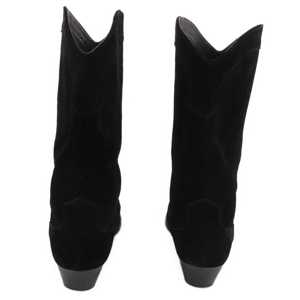 Black suede mid-calf boots, back view with stacked heel and pull-on shaft