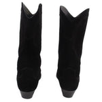 Black suede mid-calf boots, back view with stacked heel and pull-on shaft