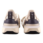 Pair of sneakers viewed from the heel, with dark heel panels and pull tabs