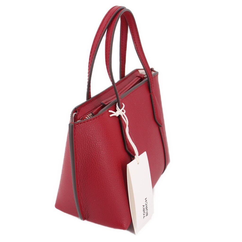 Red mini tote handbag with crossbody strap and hanging tag