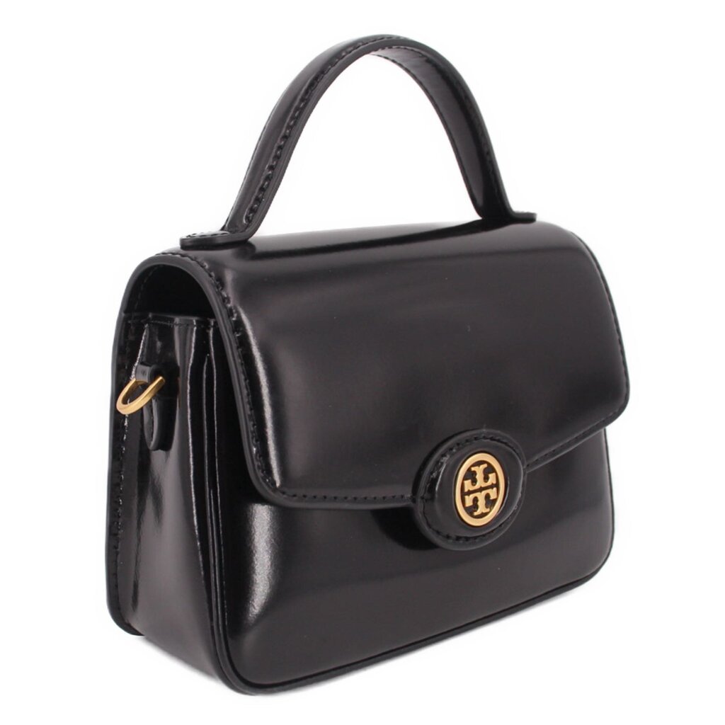Black leather crossbody bag with front flap and gold-tone logo clasp