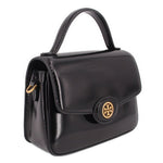 Black leather crossbody bag with front flap and gold-tone logo clasp