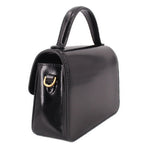 Black glossy leather look crossbody bag with front flap and gold buckle