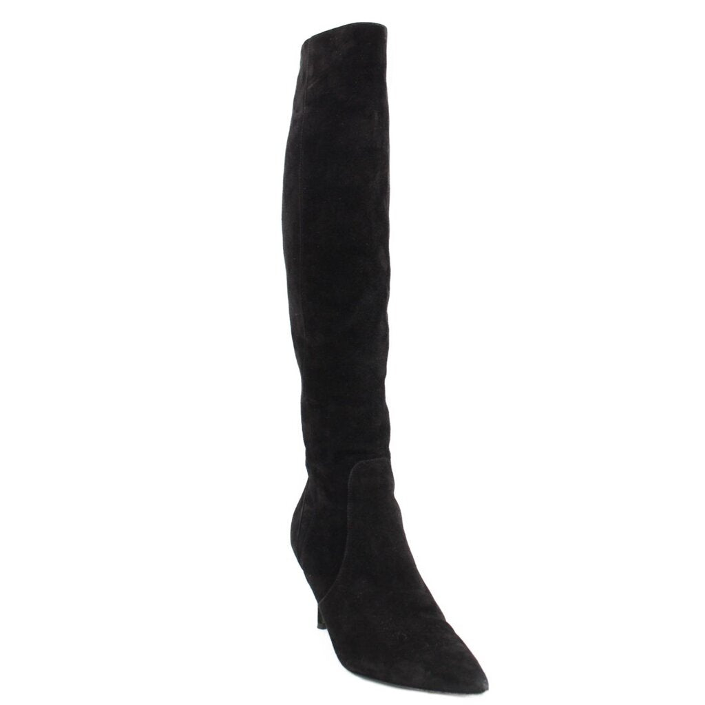 Black suede knee-high heeled boots with pointed toe and slim stiletto heel