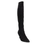 Black suede knee-high heeled boots with pointed toe and slim stiletto heel