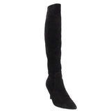 Black suede knee-high heeled boots with pointed toe and slim stiletto heel