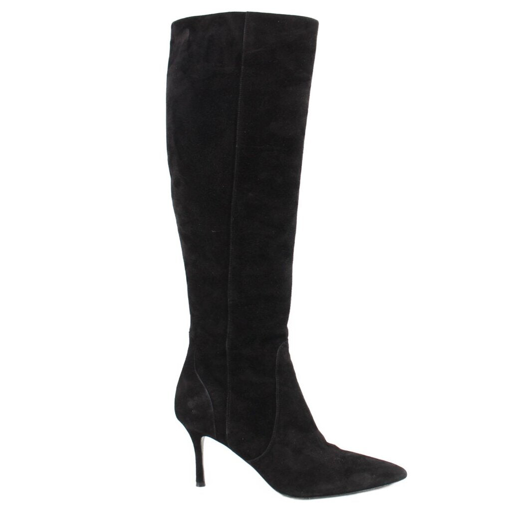 Black knee-high heeled boots with side seam and pointed toe, slim stiletto heel