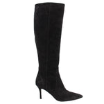 Black knee-high heeled boots with side seam and pointed toe, slim stiletto heel
