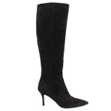 Black knee-high heeled boots with side seam and pointed toe, slim stiletto heel