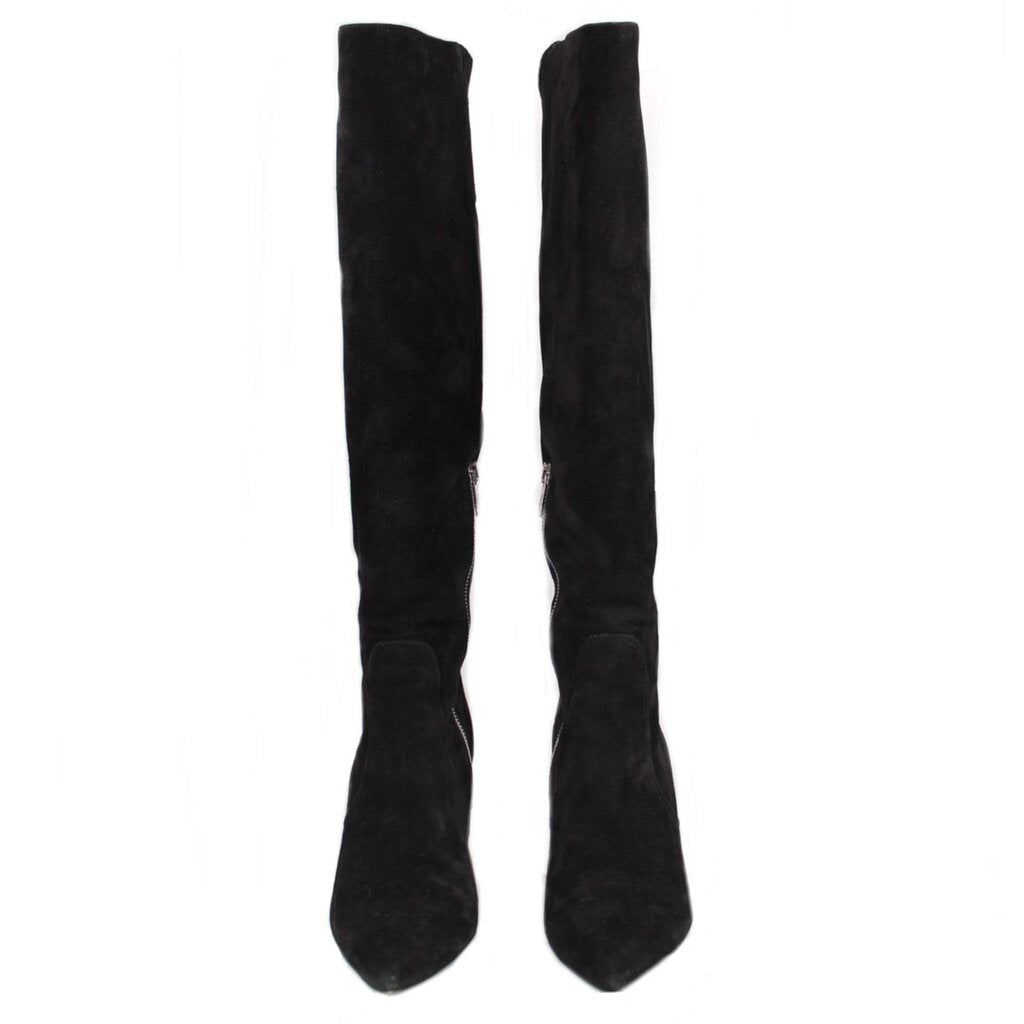 Pair of black knee-high heeled boots, back view with stacked slim heels