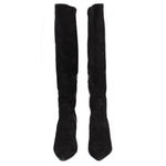 Pair of black knee-high heeled boots, back view with stacked slim heels