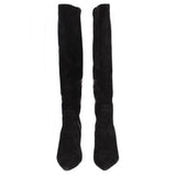 Pair of black knee-high heeled boots, back view with stacked slim heels