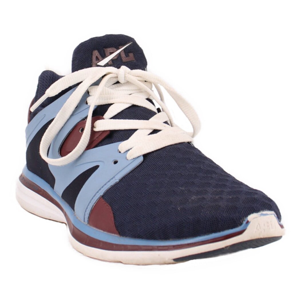 Navy mesh sneakers with light blue panels, white laces, and brown outsole
