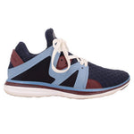 Navy mesh sneakers with light blue side panel, white laces, and brown outsole