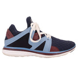 Navy mesh sneakers with light blue side panel, white laces, and brown outsole