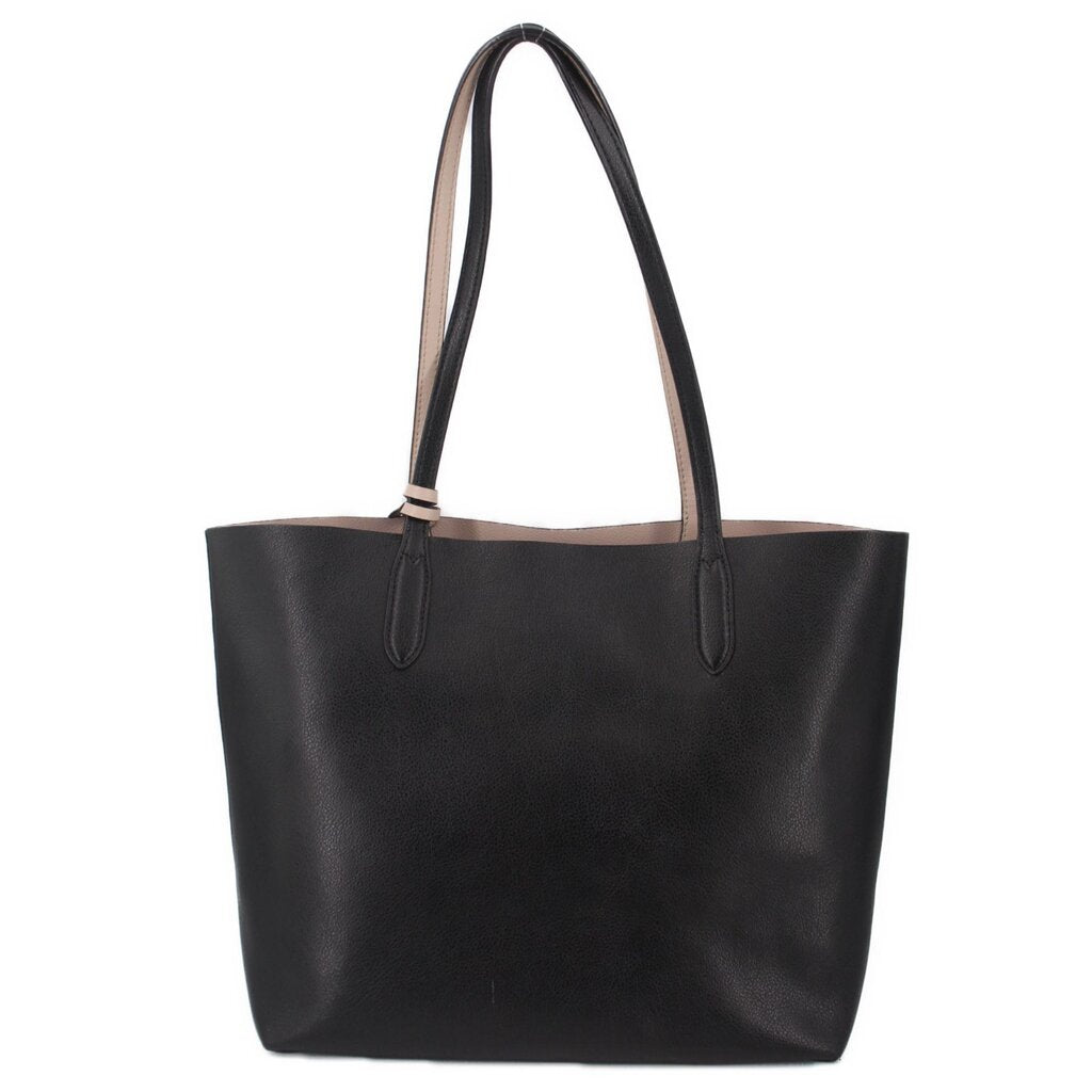 Black reversible tote bag with twin top handles and open top.