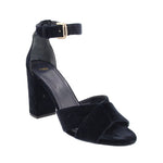 Navy suede heeled sandals with ankle strap and gold buckle, block heel