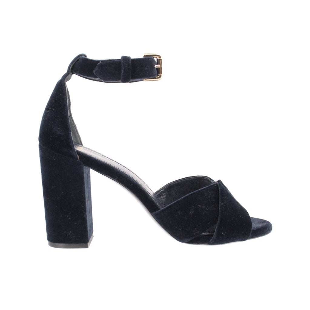 Navy suede heeled sandals with ankle strap, open toe, thick block heel
