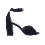Navy suede heeled sandals with ankle strap, open toe, thick block heel