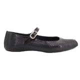 Black perforated ballerina flats with single strap and square metal buckle