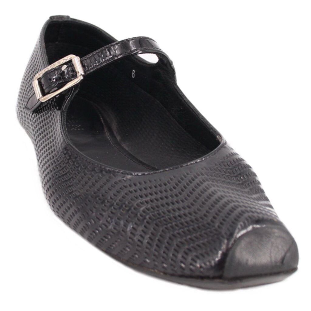 Black perforated flats with adjustable strap and square metal buckle