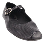 Black perforated flats with adjustable strap and square metal buckle