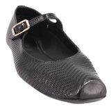 Black perforated flats with adjustable strap and square metal buckle