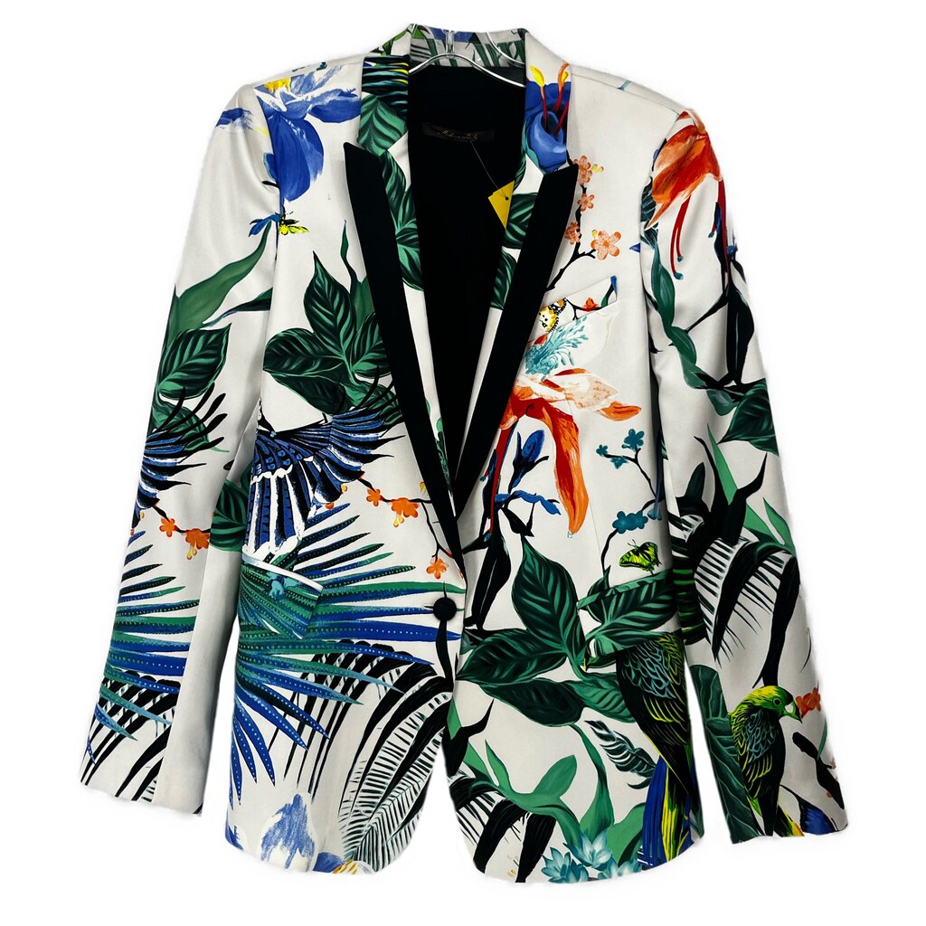 ROBERTO CAVALLI printed blazer, white with colorful plant-and-bird pattern, lapels, button