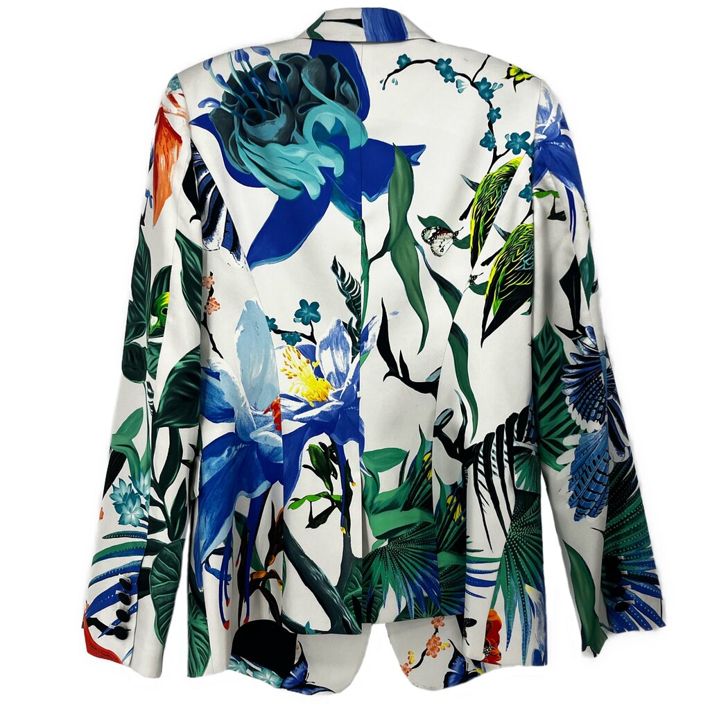 Printed blazer back view in white with tropical plant-and-bird pattern