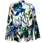 Printed blazer back view in white with tropical plant-and-bird pattern