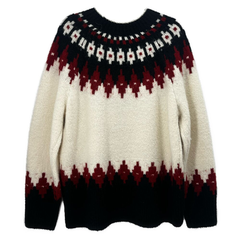 Fair Isle crewneck sweater in cream and black with red yoke and stripe hem
