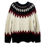 Fair Isle crewneck sweater in cream and black with red yoke and stripe hem