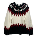 Fair Isle crewneck sweater with cream, black, red pattern and ribbed cuffs