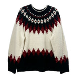 Fair Isle crewneck sweater with cream, black, red pattern and ribbed cuffs