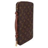 LOUIS VUITTON Voyage organizer wallet side view with brown monogram print and zipper.