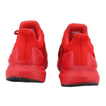 Red knit sneakers heel view with lace-up collar and black sole.