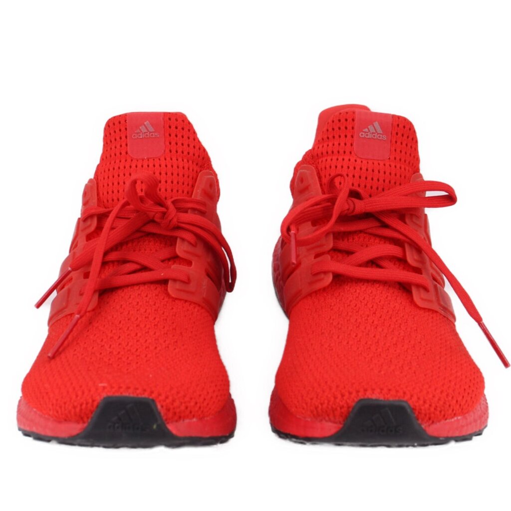 Red knit lace-up women's sneakers, front view with lace-up and black trim