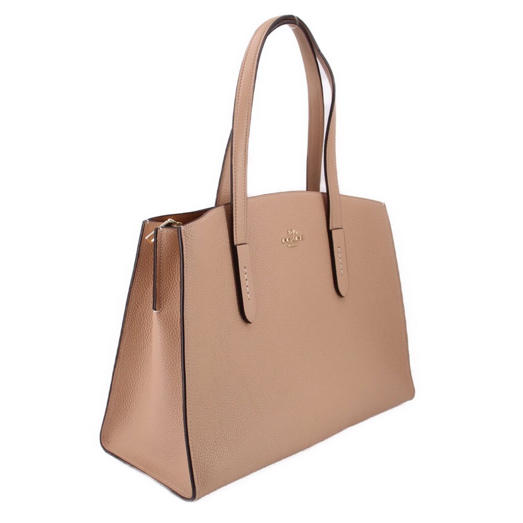 Tan leather carryall tote with long handles and side zipper pocket